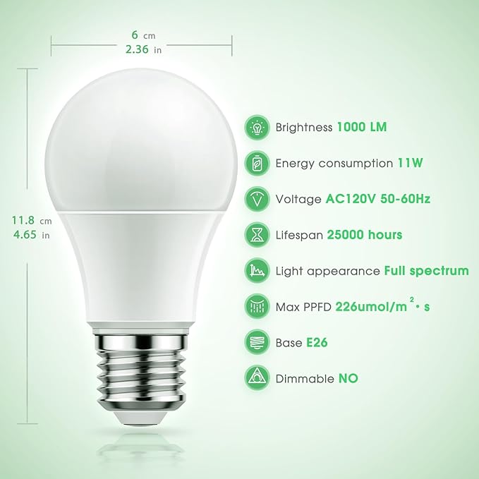 Briignite Grow Light Bulbs, Full Spectrum Grow Light Bulb, LED Grow Light Bulb A19 Bulb, Plant Light Bulbs E26 Base, 11W Grow Bulb 100W Equivalent, Grow Light for Indoor Plants, Seed Starting, 3 Pack