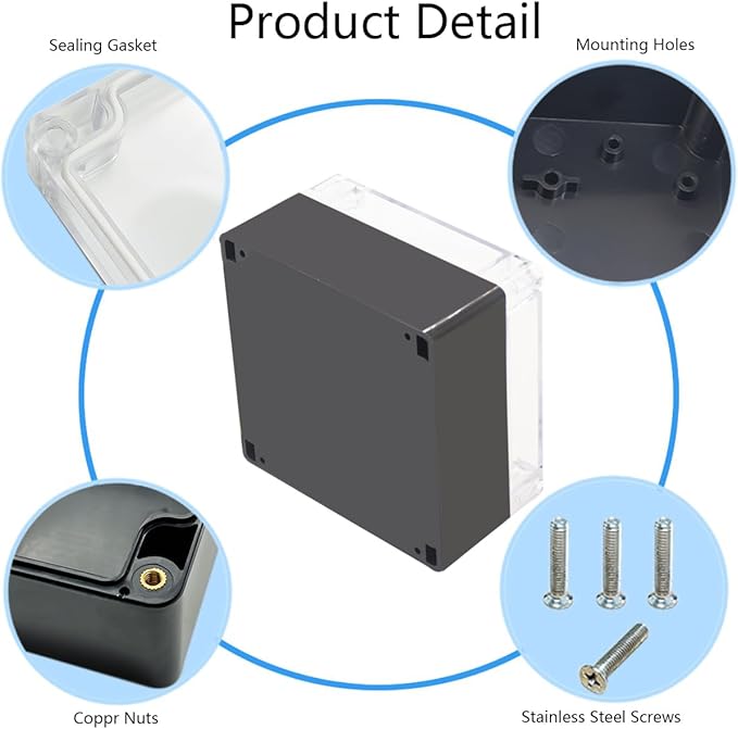 Project Box IP65 Waterproof Junction Box ABS Plastic Black Electrical Boxes DIY Electronic Project Case Power Enclosure Clear Cover 6.3"x6.30"x3.54"