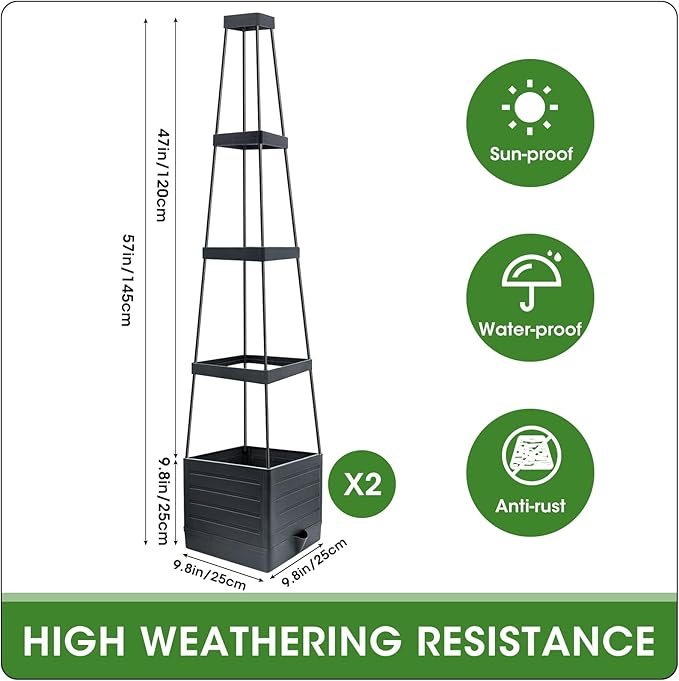 MQFORU 2 Packs Raised Garden Bed Tomato Planter with Trellis, 57" Tomato Cages for Climbing Vegetables Plant, Self Watering Planters Box for Garden Pots for Patio Greenhouse Indoor Outdoor(2PCS)