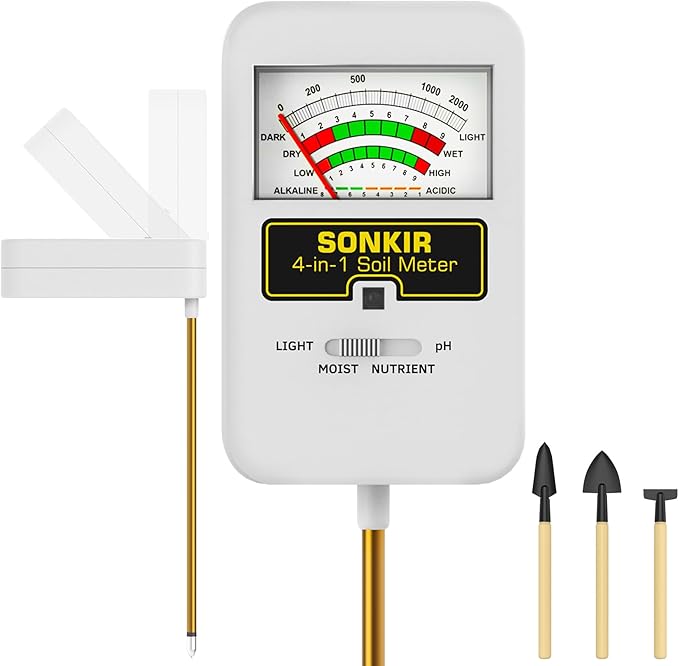 Soil Moisture Meter, 4-in-1 Soil Ph Meter, Soil Tester for Nutrients, Moisture, PH and Light, Soil Ph Test Kits for Plant, Great for Garden, Lawn, Indoor & Outdoor Use (No Battery Required)