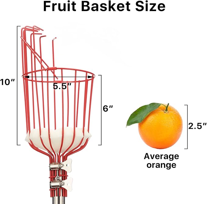 Fruit Picker, 8 FT Fruit Picker Pole with Large Basket, Length Adjustable Gardening Tools, Picking Peaches, Mango, Apple, Orange, Fruit Catcher for Trees with Metal Long Handle, Extra Carrying Bag