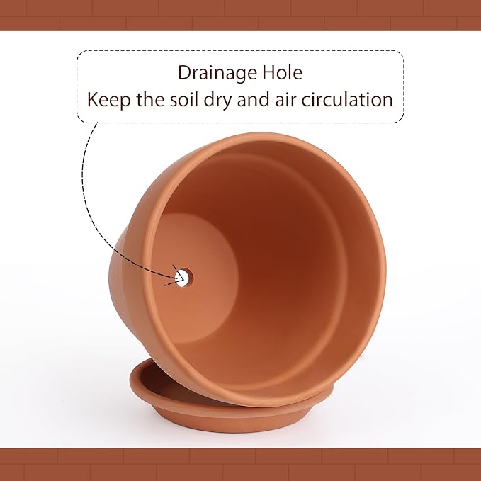 INGOFIN Terracotta Pot with Saucer - 10 Inch Ceramic Clay Pot for Plants with Drainage Hole, Terra Cotta Pot with Tray for Indoor Outdoor Plants