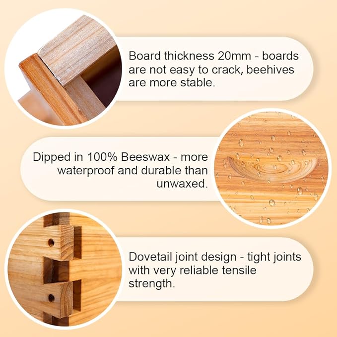 8 Frame Bee Hive Box, Langstroth Medium Super Bee Box Dipped in 100% Beeswax Include Beehive Frames and Waxed Foundation Sheets (Unassembled)