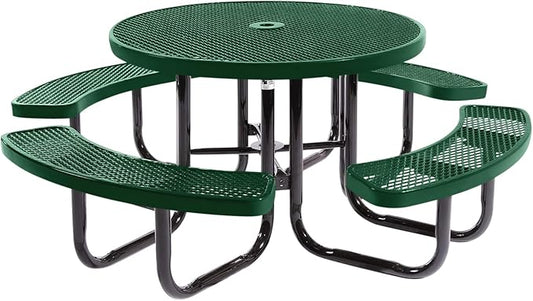 Heavy-Duty Portable Outdoor Picnic Table with Umbrella Hole, Expanded Metal Commercial-Grade Patio Dining Furniture Made in America (46" Round Top, Green)