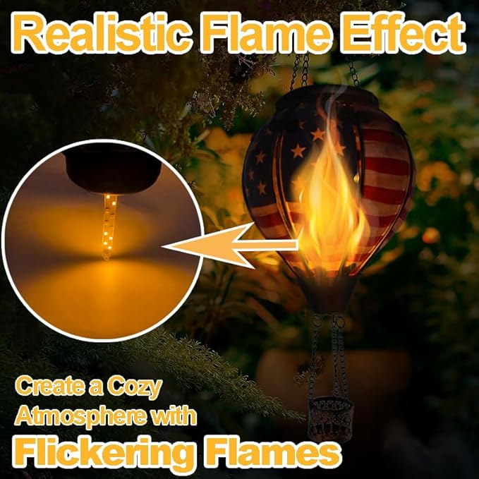 2PCS Solar Hot Air Balloon Lanterns with Flame with Shepherd's Hooks, Glass Hanging Flickering Lights Outdoor Waterproof for Garden Tree Yard Patio Mother's Day Gift, 18" H Flag