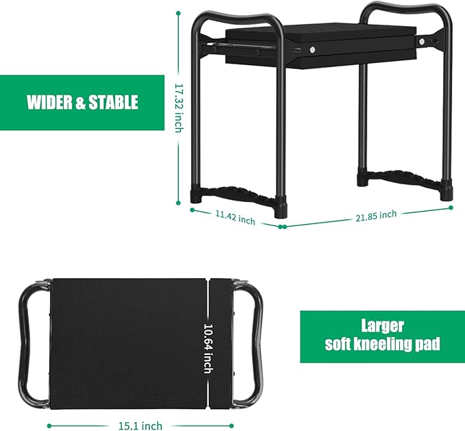 TomCare Upgraded Garden Kneeler and Seat Widen Soft Kneeling Pad Garden Tools Stools Garden Bench with 2 Larger Tool Pouches Outdoor Foldable Sturdy Gardening Tools Gifts for Gardeners, Black