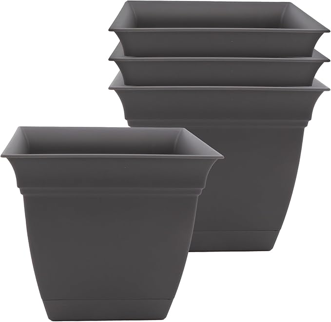 The HC Companies 6 Inch Eclipse Square Planter with Saucer - Indoor Outdoor Plant Pot for Flowers Vegetables Herbs, Warm Gray (Pack of 4)