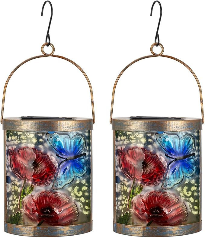 2 Pack Glass Butterfly Solar Lanterns Outdoor Waterproof, Hanging LED Solar Lantern for Tabletop Garden Yard Patio Decor