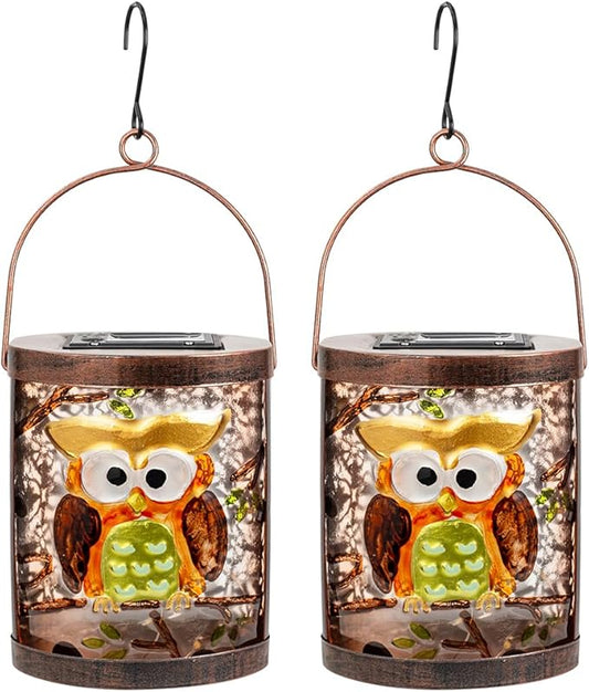 2 Pack Owl Solar Lanterns Outdoor Waterproof, Hanging Glass Solar Lantern with LED Light for Garden Yard