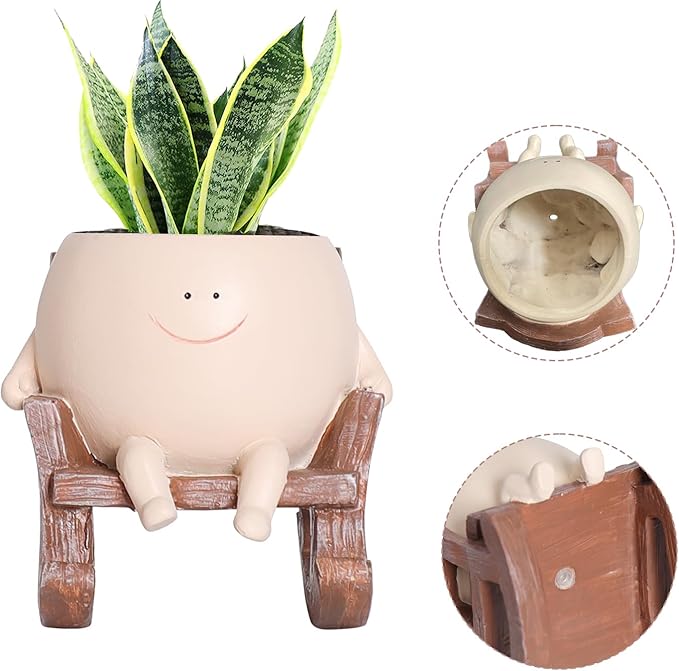Rocking Chair Face Resin Planter Pot with Drainage Cute Flower Pots for Succulents Plants Live Indoor Outdoor Planters for Houseplants Gift Small (Large)