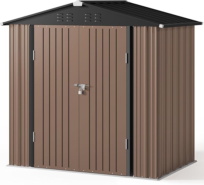 Gizoon Outdoor Storage Shed 6 x 4 FT, Galvanized Metal Garden Shed with Double Lockable Doors, Outdoor Storage Clearance for Backyard Patio Lawn-Light Brown