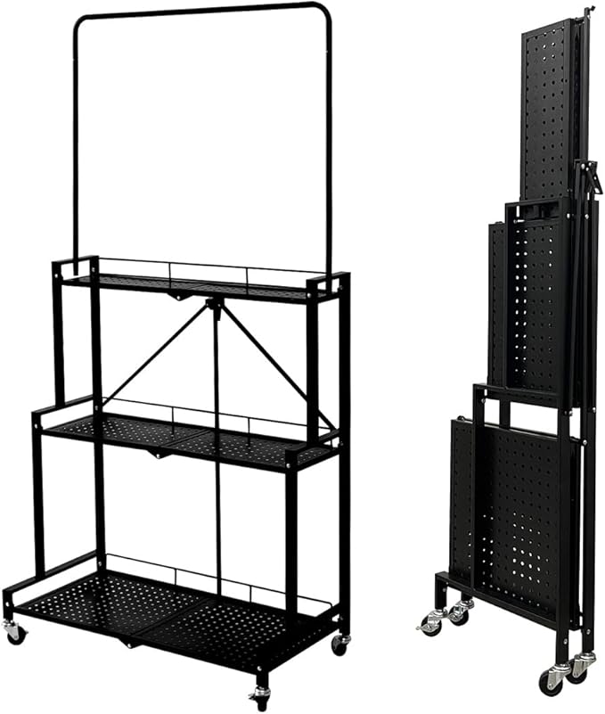 lumizone Foldable 4-Tier Plant Stand Indoor Outdoor Hanging Plant Shelf No Assembly Required Pot Placement Area With Wheels Sturdy Fall Prevention Storage Shelf Flower Pot Stand(4 Tier-Black)