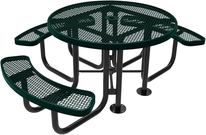 Heavy-Duty Portable Outdoor Picnic Table with Umbrella Hole, Expanded Metal Patio Dining Furniture Made in America (46" Round Top, Textured Dark Green)