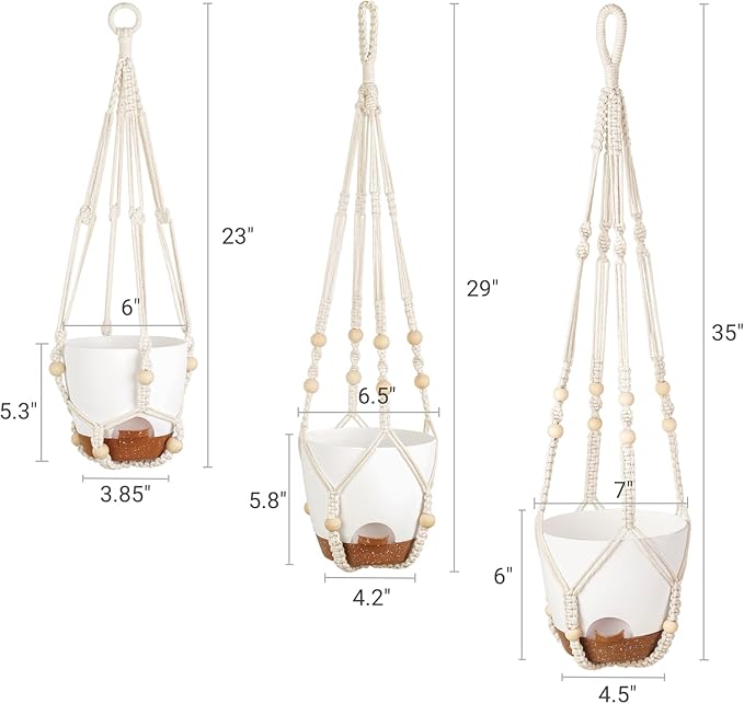Mkono Hanging Planters, Macrame Plant Hangers with Self Watering Plant Pots Indoor Set of 3 Hanging Baskets Flower Pot Holders with Hooks No Tassels 3 Different Size for Boho Home Decor, Ivory