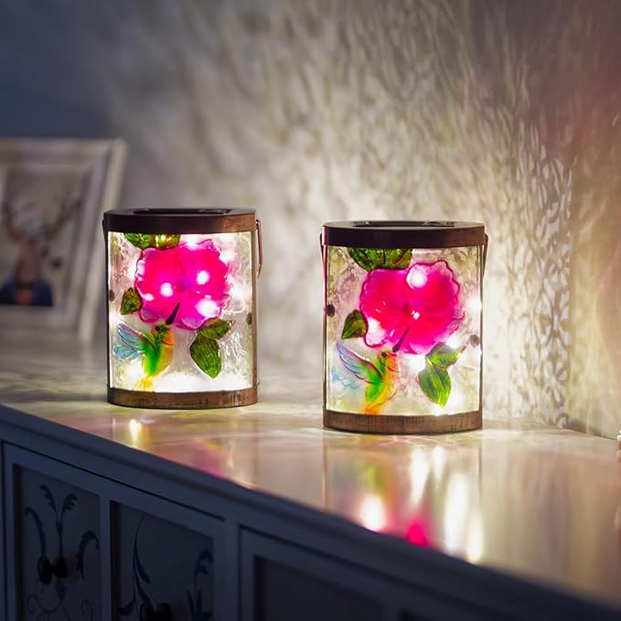 2 Pack Hummingbird Hanging Solar Lanterns Outdoor Waterproof LED Light Tabletop Glass Solar Lantern for Garden Patio