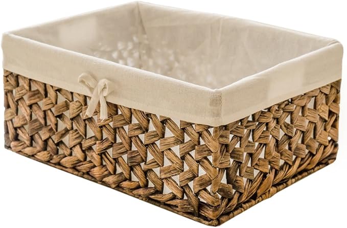Rectangular Woven Seagrass Storage Bins with Handle,Kingwillow. (water hyacinth, Set of 3)