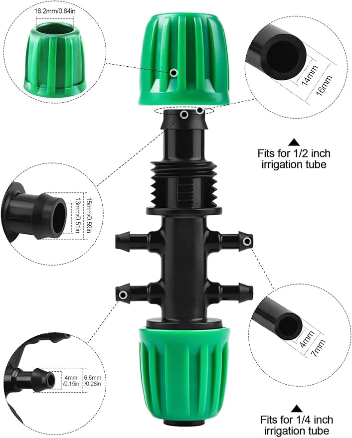 Kalolary 10PCS Barbed Tee 1/2 inch to 1/4 inch Irrigation Tube Anti-Drop Premiun Quality Fitting (fits 13mm ID/ 4mm ID), 16mm PE Pipe Lock Female Connector to 47 Pipe Variable Diameter Six-Way Adapter
