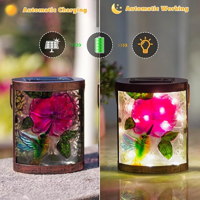 2 Pack Hummingbird Hanging Solar Lanterns Outdoor Waterproof LED Light Tabletop Glass Solar Lantern for Garden Patio