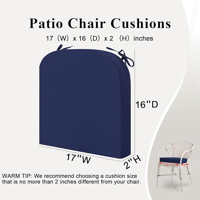 Outdoor Chair Cushions Set of 2, Waterproof Foam Patio Seat Cushions with Ties for Garden Sofa & Dining Furniture, 3-Year Color Fastness, 16x17x2 Inch, Blue