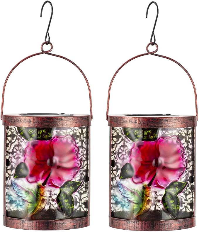 2 Pack Hummingbird Hanging Solar Lanterns Outdoor Waterproof LED Light Tabletop Glass Solar Lantern for Garden Patio