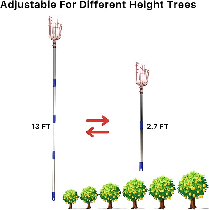 Fruit Picker, 13 FT Fruit Picker Pole with Large Basket, Length Adjustable Gardening Tools, Apple, Apricot, Orange, Mango Trees Picking, Fruit Catcher with Metal Long Handle, Extra Fruit Carrying Bag