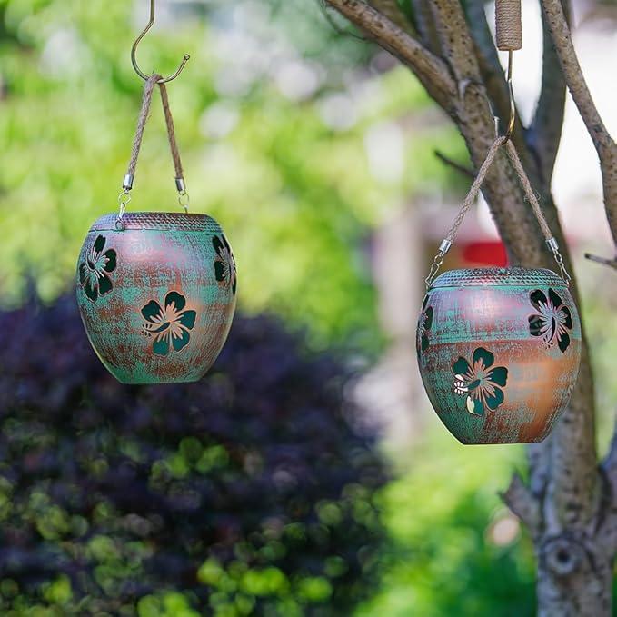 2 Pack Solar Lanterns Outdoor Hanging, Metal Table Solar Lanterns Outdoor Waterproof with Handle, LED Solar Lantern for Patio Lawn Tabletop Decor Christmas Gifts