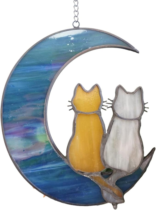 Cat Stained Glass Suncatcher β Cat on Moon Real Glass Window Hanging β Unique Modern Design Wall Art for Home or Garden DΓ©cor β Perfect Cat Lover Gift