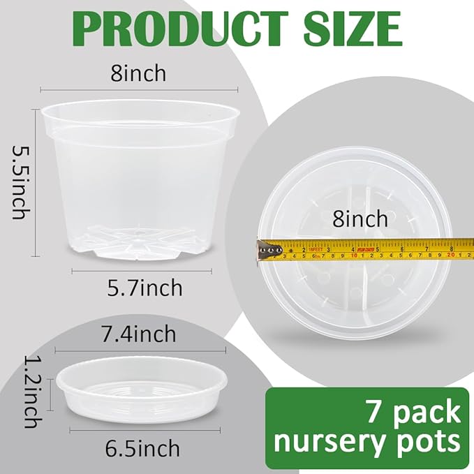 7 Pack 8 Inch Clear Nursery Pots with Saucer, Transparent Plastic Plant Pots with Drainage Holes, Sturdy Plant Starter Pots, Garden Planter Pot for Planting Succulents Flowers Herb Vegetables
