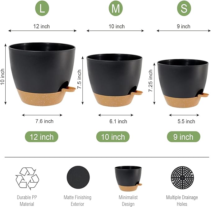 Large Self Watering Pots, 12/10/9 Plastic Planters with High Drainage Holes and Deep Reservoir for Indoor Outdoor Garden Plants and Flowers, Black with Brown