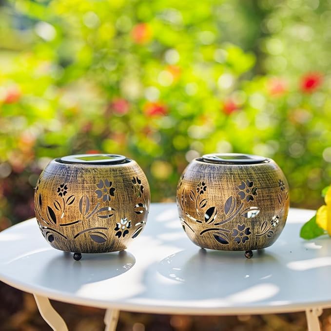 2 Pack Flower Solar Lanterns Outdoor Waterproof, Hollow Out Metal Lantern Solar Lights, Hanging Lights for Yard, Patio, Porch, Garden Decor, Outdoor Decoration LED Lantern for Yard, Garden