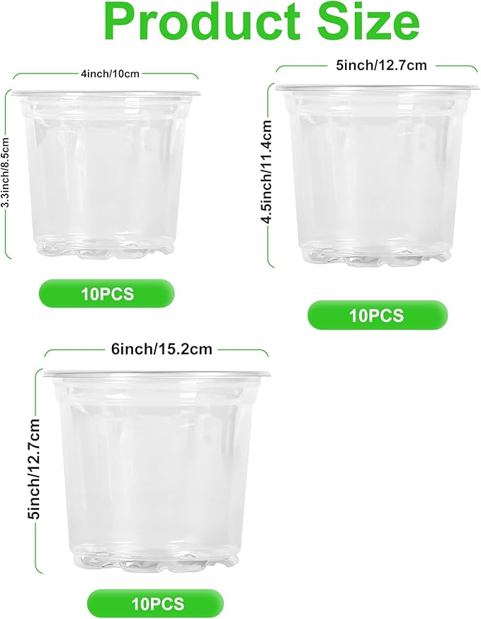 JERIA 30 Pack 6/5/4Inch Clear Nursery Pots with Drainage Holes, Clear Plant Pot for Planting, Transparent Plastic Plant Pots,Durable Seed Starting Pot for Succulents