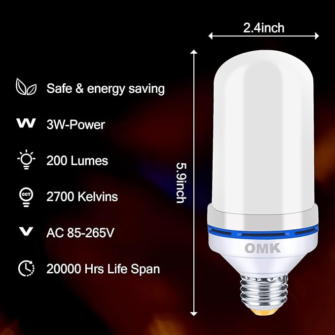 OMK 4 Pack Flickering Light Bulbs Christmas Decorations Sunlight LED Flame Effect Light Bulbs 4 Modes Fire Flickering Light Bulbs for Party Indoor Outdoor Decor Holiday Gifts