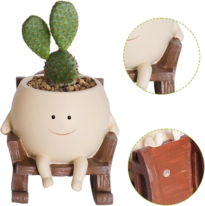 Rocking Chair Face Resin Planter Pot with Drainage Cute Flower Pots for Succulents Plants Live Indoor Outdoor Planters for Houseplants Gift Small (Small)