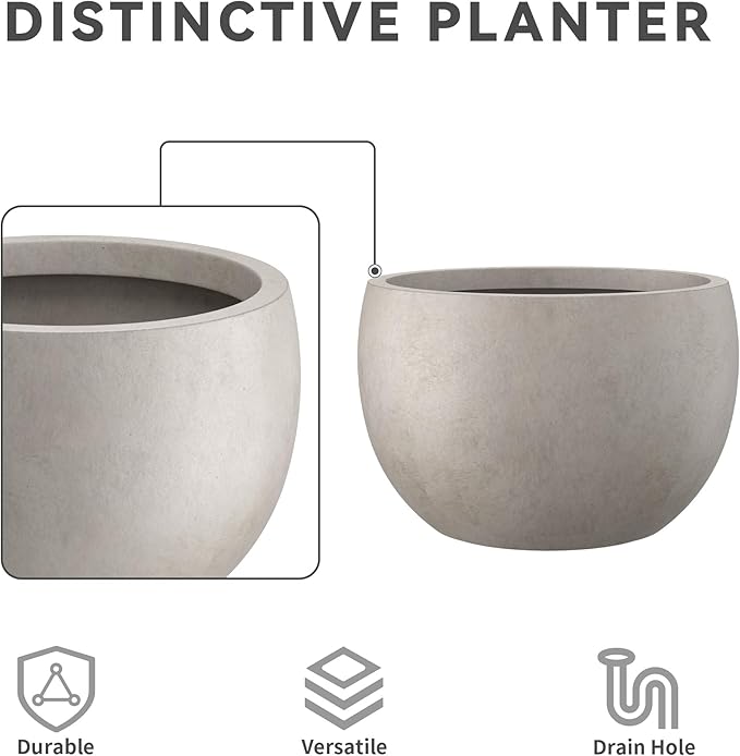 Kante 11.8" Dia Round Concrete Planter, Outdoor/Indoor Large Bowl Plant Pots with Drainage Hole and Rubber Plug for Garden Patio Balcony Home, Weathered Concrete
