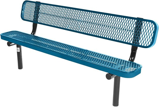 Coated Outdoor Furniture Heavy-Duty Outdoor Bench Thermoplastic Coated, Expanded Metal, Commercial-Grade Seating, Made in America (Inground with Back, 6 Ft, Light Blue)