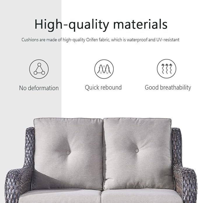 Wicker Outdoor Furniture Patio Furniture Set - 6 Piece Patio Conversation Set with Swivel Rocker Chairs, Loveseat Sofa, Ottomans and Coffee Table, Gray Cushion