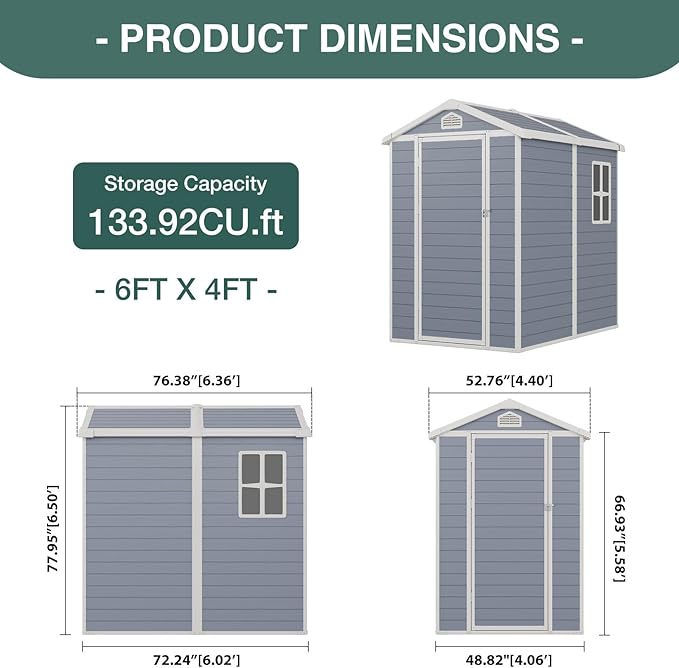 Storage Shed Plastic Outdoor Storage Shed Waterproof Container House with Lockable Door and Transparent Window for Garden, Lawn, Backyard, Patio (6x4FT)