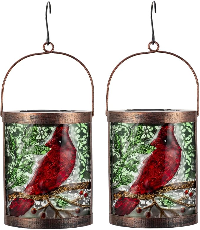 2 Pack Cardinal Solar Lanterns Outdoor Waterproof LED Light Hanging Solar Lantern Glass Tabletop Lamp for Patio Garden