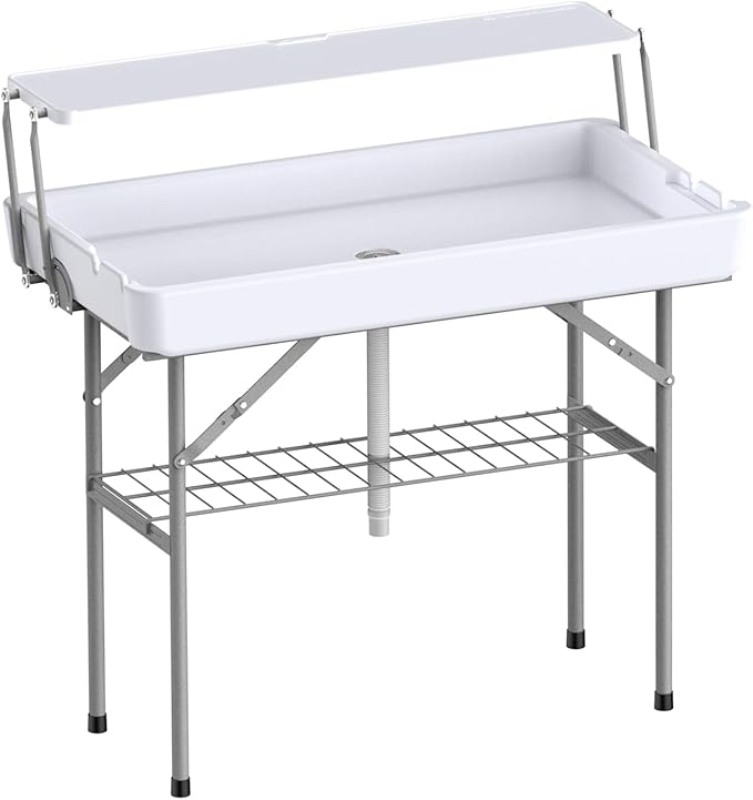 Portable Folding Ice Cooler Table with Skirt & Drain & Shelving, Outdoor Foldable Drink Ice Table with Storage for Camping, Picnics, BBQ & Parties,