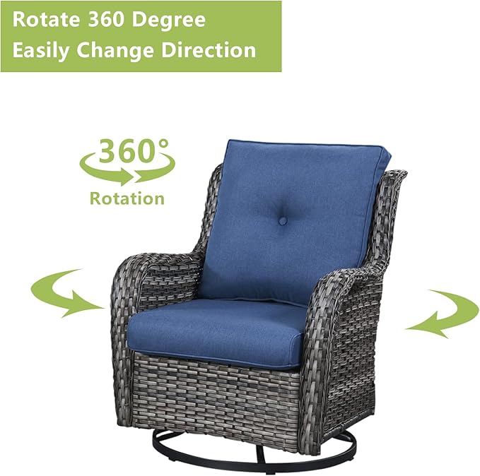 Outdoor Wicker Patio Furniture Set - 6 Piece Rattan Patio Conversation Set with 2 Rocking Swivel Chairs,2 Ottomans,1 Loveseat and 1 Side Table for Porch Deck Backyard Garden(Mixed Grey/Blue)