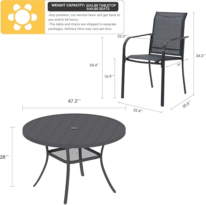 VICLLAX Patio Dining Set for 6, Outdoor Furniture Set Includes 47.2" Round Patio Table and 6 Patio Sling Chairs, Grey Tabletop and Grey Fabric