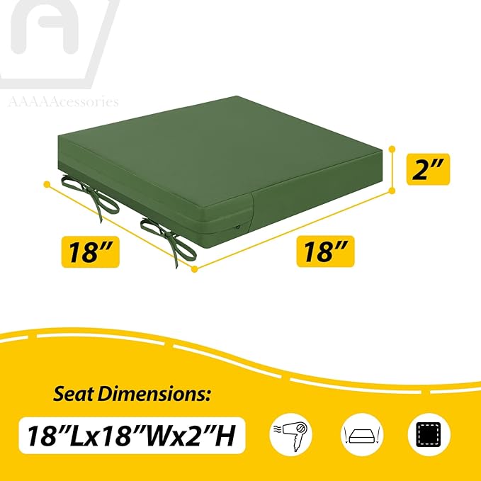 AAAAAcessories Outdoor Seat Cushions for Chairs, Waterproof, Fade-Resistant Patio Furniture Replacement Cushions, 18" x 18" x 2", Set of 2, Dark Moss
