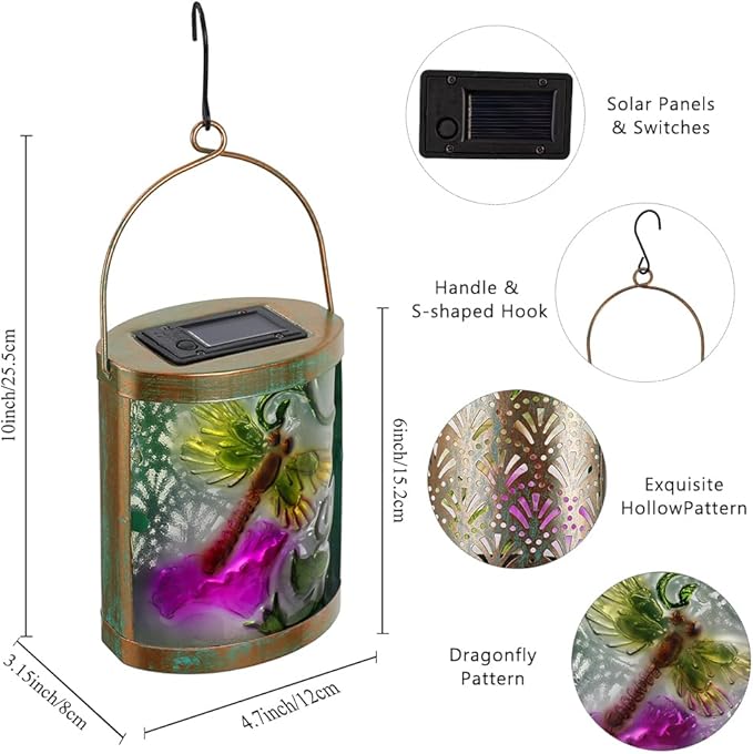 2 Pack Glass Dragonfly Solar Lanterns Outdoor Waterproof, Hanging LED Solar Lantern for Tabletop Garden Patio Decor