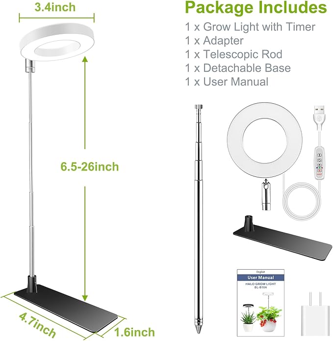 Grow Lights for Indoor Plants, Full Spectrum Halo Growing lamp with Detachable Base, Height Adjustable, 3 Colors, 10 Dimming, Automatic Timer, Plant Light for Succulents Small Plants