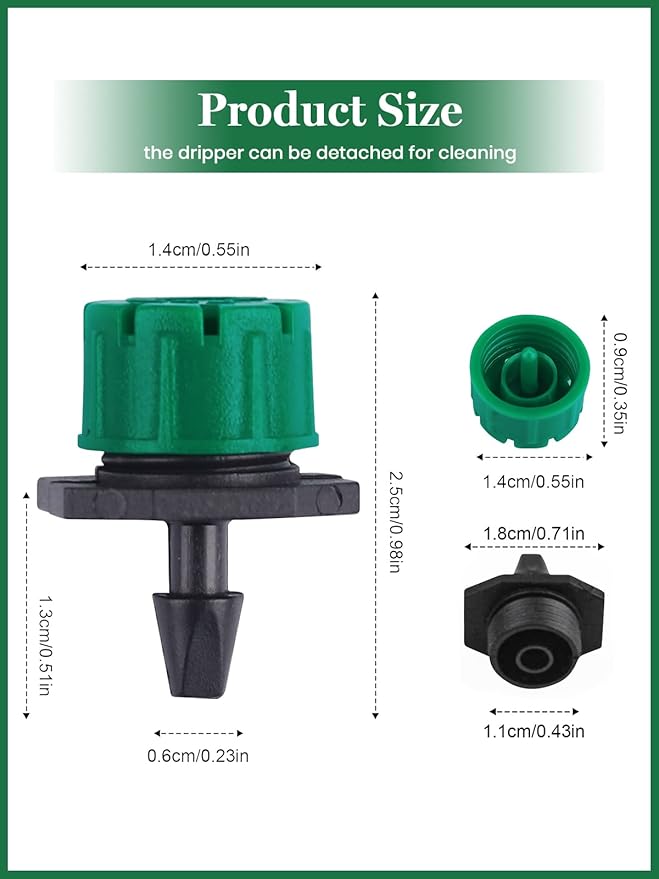 Kalolary 200Pcs Adjustable Irrigation Drippers, 1/4 Inch Barbed Drip Emitter 360 Degree Watering Sprinklers Anti-Clogging Drippers for 4mm/7mm Garden Watering System(Dark Green)
