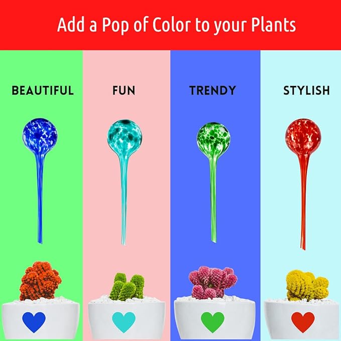 LGL Plant Watering Globes. Self Watering Planter Inserts Made from Hand-Blown Durable Glass. Self Watering Spikes to Support Plant Health. (4pk Jumbo)