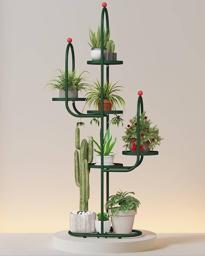 Bamworld Cactus Plant Stand Indoor for Succulents Cactus Tree Cactus Shelf Tall Plant Shelf Outdoor Corner Metal Plant Rack for Patio Garden Balcony Living Room Decor Green