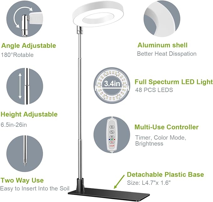 Grow Lights for Indoor Plants, Full Spectrum Halo Growing lamp with Detachable Base, Height Adjustable, 3 Colors, 10 Dimming, Automatic Timer, Plant Light for Succulents Small Plants