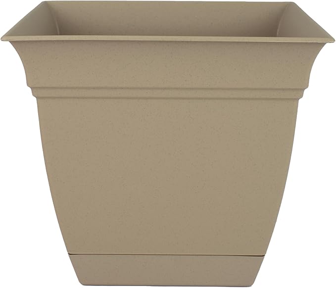 The HC Companies 12 Inch Eclipse Square Planter with Saucer – Indoor Outdoor Plant Pot for Flowers Vegetables Herbs, Sandstone