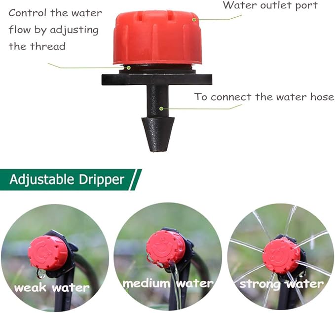 Kalolary 100PCS Adjustable Drip Irrigation Emitters, 1/4 Inch Irrigation Drippers Micro Drip Irrigation Sprinklers for 4/7mm Water Tube 360 Degree Anti-Clogging Emitter Drippers for Watering System